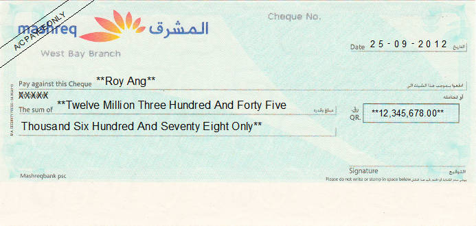 Printed Cheque of Mashreq Bank Qatar Printed Cheque of Mashreq Bank Qatar