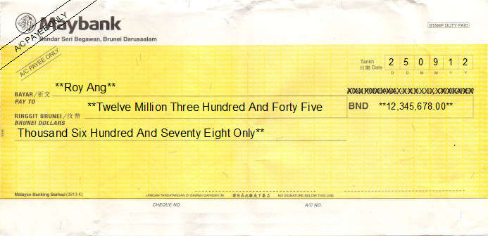 Printed Cheque of Maybank in Brunei Printed Cheque of Maybank in Brunei