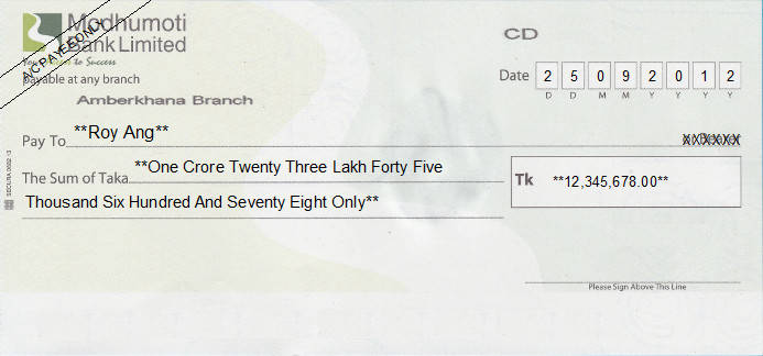 Printed Cheque of Modhumoti Bank Limited in Bangladesh Printed Cheque of Modhumoti Bank Limited in Bangladesh