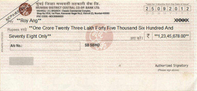 Printed Cheque of Mumbai District Central Co-op Bank in India Printed Cheque of Mumbai District Central Co-op Bank in India