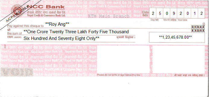 Printed Cheque of NCC Bank (Nepal Credit & Commerce Bank) in Nepal