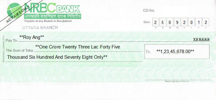 Printed Cheque of NRBC Bank in Bangladesh Printed Cheque of NRBC Bank in Bangladesh