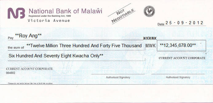 Printed Cheque of National Bank of Malawi in Malawi Printed Cheque of National Bank of Malawi in Malawi