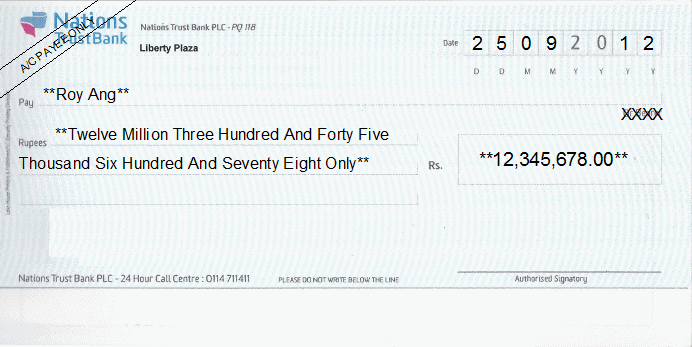Printed Cheque of Nations Trust Bank Sri Lanka