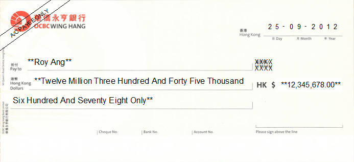 Printed Cheque of OCBC Wing Hang in Hong Kong (華僑永亨銀行) Printed Cheque of OCBC Wing Hang in Hong Kong (華僑永亨銀行)