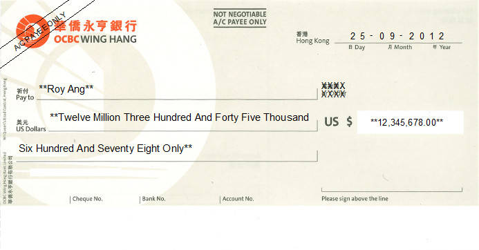 Printed Cheque of OCBC Wing Hang (USD) in Hong Kong (華僑永亨銀行) Printed Cheque of OCBC Wing Hang (USD) in Hong Kong (華僑永亨銀行)