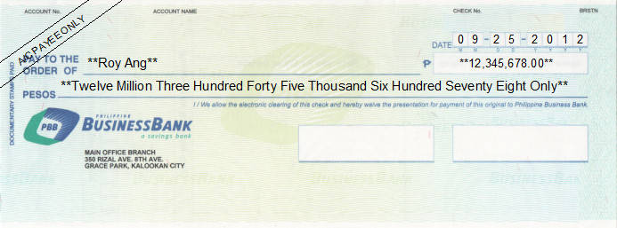 Printed Cheque of Philippine Business Bank in Philippines Printed Cheque of Philippine Business Bank in Philippines