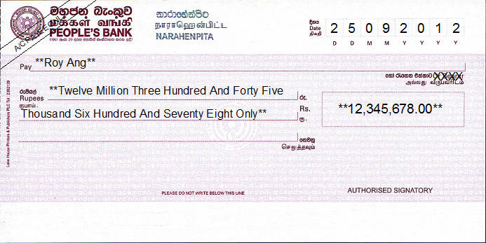 Printed Cheque of People's Bank in Sri Lanka Printed Cheque of People's Bank in Sri Lanka