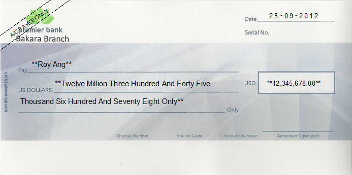 Printed Cheque of Premier Bank in Somalia Printed Cheque of Premier Bank in Somalia