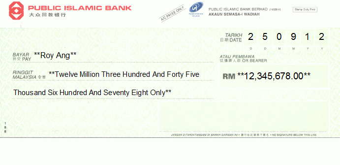 Printed Cheque of Public Islamic Bank in Malaysia Printed Cheque of Public Islamic Bank in Malaysia