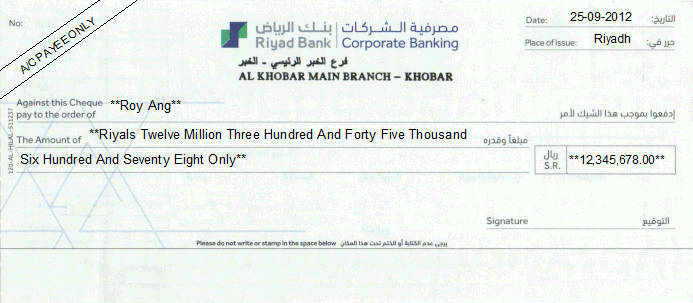 Printed Cheque of Riyad Bank in Saudi Arabia Printed Cheque of Riyad Bank in Saudi Arabia