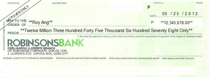 Printed Cheque of Robinsons Bank in Philippines Printed Cheque of Robinsons Bank in Philippines