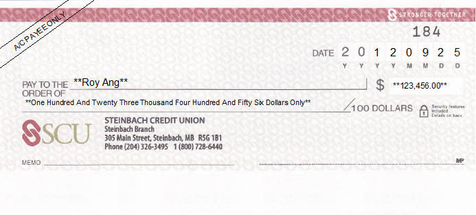 Printed Cheque of Steinbach Credit Union (SCU) in Canada Printed Cheque of Steinbach Credit Union (SCU) in Canada