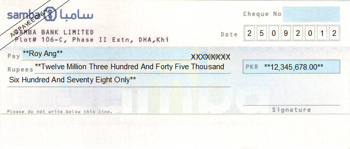 Printed Cheque of Samba Bank in Pakistan Printed Cheque of Samba Bank in Pakistan