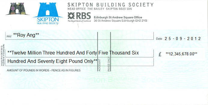 Printed Cheque of Skipton Building Society in United Kingdom Printed Cheque of Skipton Building Society in United Kingdom