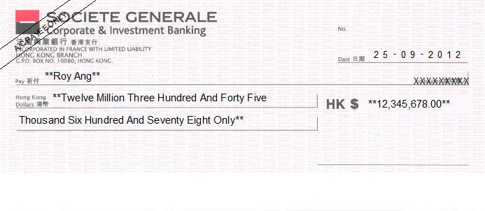 Printed Cheque of Societe Generale in Hong Kong (法國興業銀行) Printed Cheque of Societe Generale in Hong Kong (法國興業銀行)