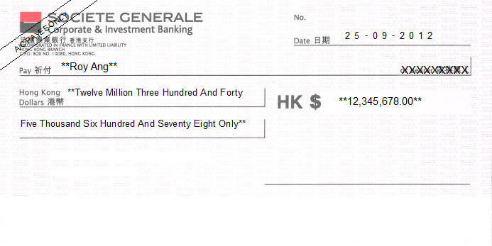 Printed Cheque of Societe Generale (Personal) in Hong Kong (法國興業銀行) Printed Cheque of Societe Generale (Personal) in Hong Kong (法國興業銀行)