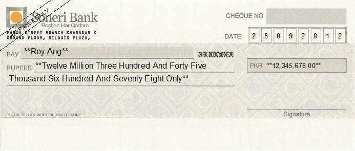 Printed Cheque of Soneri Bank Pakistan Printed Cheque of Soneri Bank Pakistan