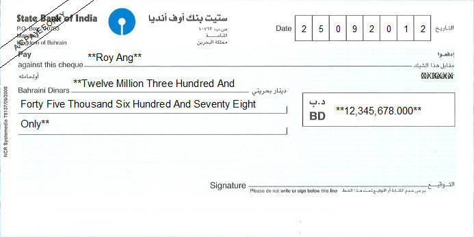 Printed Cheque of State Bank of India in Bahrain Printed Cheque of State Bank of India in Bahrain