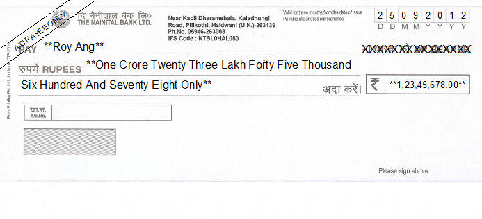 Printed Cheque of The Nainital Bank in India Printed Cheque of The Nainital Bank in India