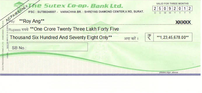 Printed Cheque of The Sutex Co-op Bank in India Printed Cheque of The Sutex Co-op Bank in India