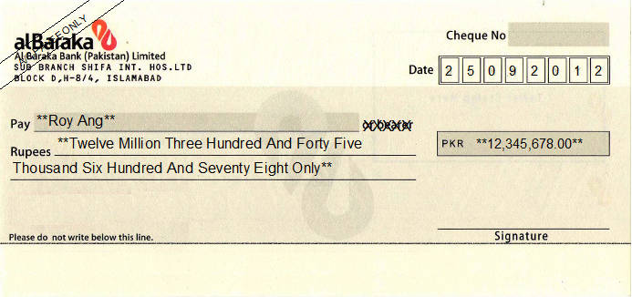 Printed Cheque of Al Baraka Bank in Pakistan Printed Cheque of Al Baraka Bank in Pakistan