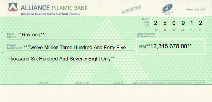 Printed Cheque of Alliance Islamic Bank in Malaysia Printed Cheque of Alliance Islamic Bank in Malaysia
