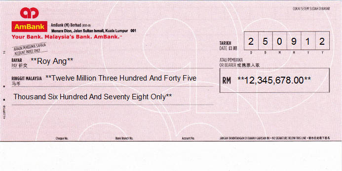 Printed Cheque of AmBank in Malaysia Printed Cheque of AmBank in Malaysia