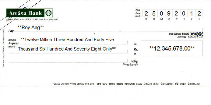 Printed Cheque of Amana Bank in Sri Lanka Printed Cheque of Amana Bank in Sri Lanka