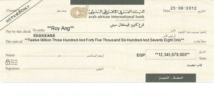 Printed Cheque of Arab African International Bank in Egypt Printed Cheque of Arab African International Bank in Egypt