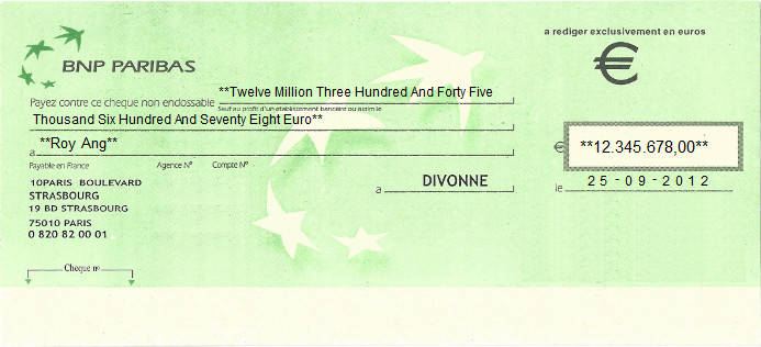 Printed Cheque of BNP Paribas Bank in France Printed Cheque of BNP Paribas Bank in France