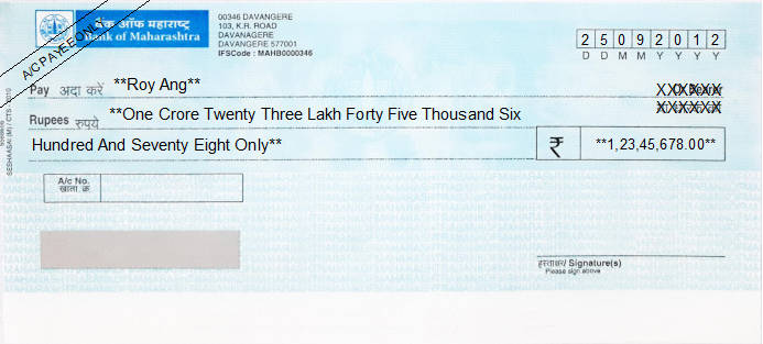 Printed Cheque of Bank of Maharashtra India Printed Cheque of Bank of Maharashtra India