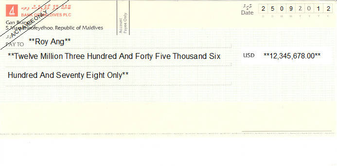 Printed Cheque of Bank of Maldives (US Dollar)