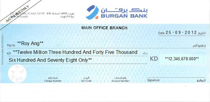 Printed Cheque of Burgan Bank in Kuwait Printed Cheque of Burgan Bank in Kuwait