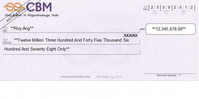 Printed Cheque of CBM - Commercial Bank of Maldives in Maldives Printed Cheque of CBM - Commercial Bank of Maldives in Maldives