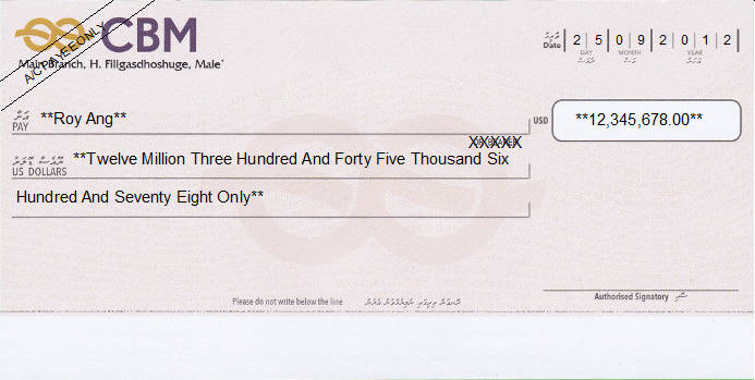 Printed Cheque of CBM - Commercial Bank of Maldives (US Dollar) in Maldives Printed Cheque of CBM - Commercial Bank of Maldives (US Dollar) in Maldives