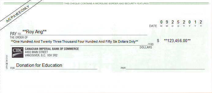 Printed Cheque of Canadian Imperial Bank of Commerce (CIBC: Printer ID 1004) in Canada Printed Cheque of Canadian Imperial Bank of Commerce (CIBC: Printer ID 1004) in Canada