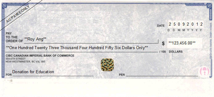 Printed Cheque of Canadian Imperial Bank of Commerce (CIBC: Discount Cheques) in Canada Printed Cheque of Canadian Imperial Bank of Commerce (CIBC: Discount Cheques) in Canada