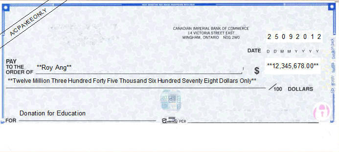 Printed Cheque of Canadian Imperial Bank of Commerce (CIBC: deluxe Canada) in Canada Printed Cheque of Canadian Imperial Bank of Commerce (CIBC: deluxe Canada) in Canada