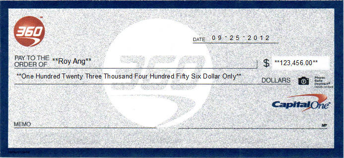 Printed Check of Capital One 360 Online Checking in United States Printed Check of Capital One 360 Online Checking in United States