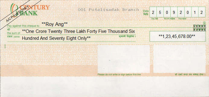 Printed Cheque of Century Bank in Nepal