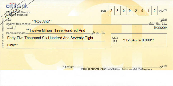Printed Cheque of Citibank in Bahrain Printed Cheque of Citibank in Bahrain