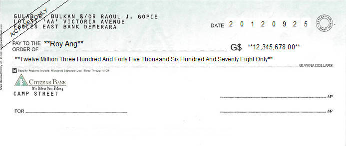Printed Cheque of Citizens Bank in Guyana Printed Cheque of Citizens Bank in Guyana