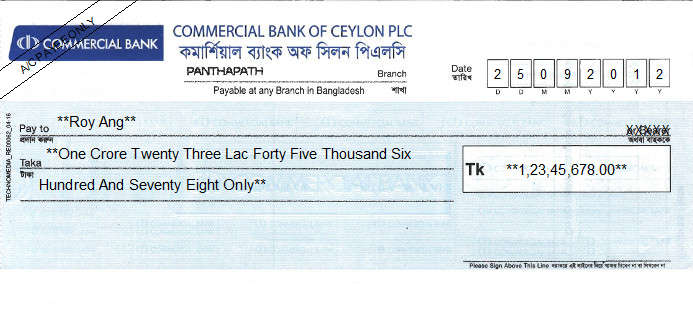 Printed Cheque of Commercial Bank of Ceylon in Bangladesh Printed Cheque of Commercial Bank of Ceylon in Bangladesh