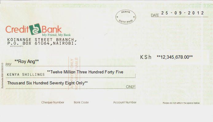 Printed Cheque of Credit Bank in Kenya Printed Cheque of Credit Bank in Kenya