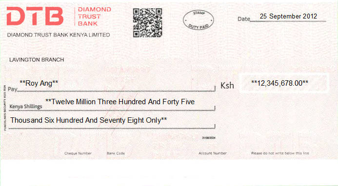 Printed Cheque of Diamond Trust Bank - DTB in Kenya Printed Cheque of Diamond Trust Bank - DTB in Kenya