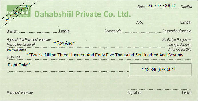 Printed Cheque of Dahabshiil Private Finance in Somalia Printed Cheque of Dahabshiil Private Finance in Somalia