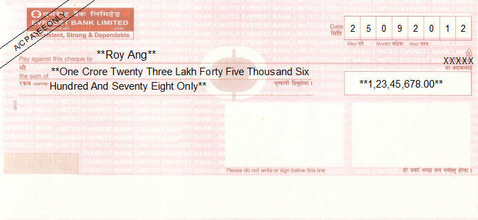 Printed Cheque of Everest Bank in Nepal
