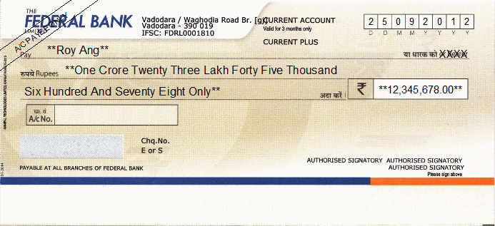 Printed Cheque of Federal Bank (Current Plus) India Printed Cheque of Federal Bank (Current Plus) India