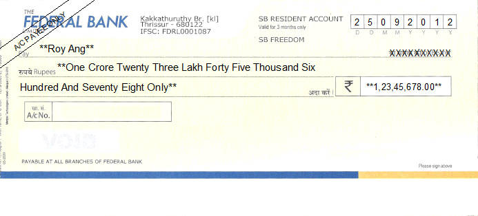 Printed Cheque of Federal Bank (SB Freedom) India Printed Cheque of Federal Bank (SB Freedom) India